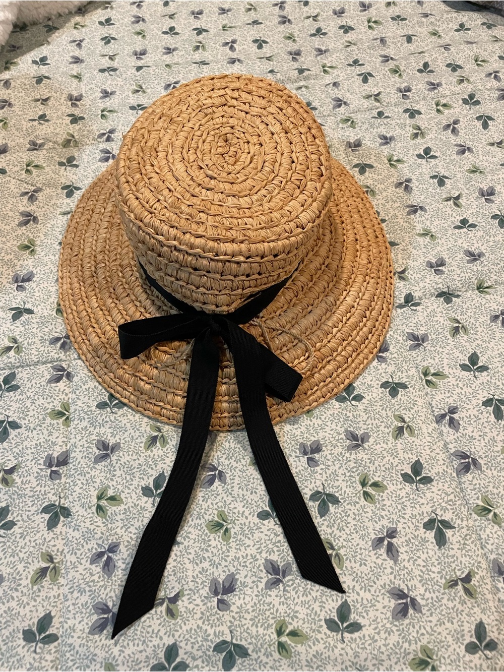 Helen Kaminski Handmade Braided Raffia Straw Boater Hat with Black Ribbon
